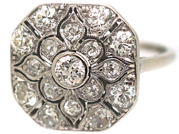 Art Deco Platinum & Diamond Plaque Ring with Flower Motif
