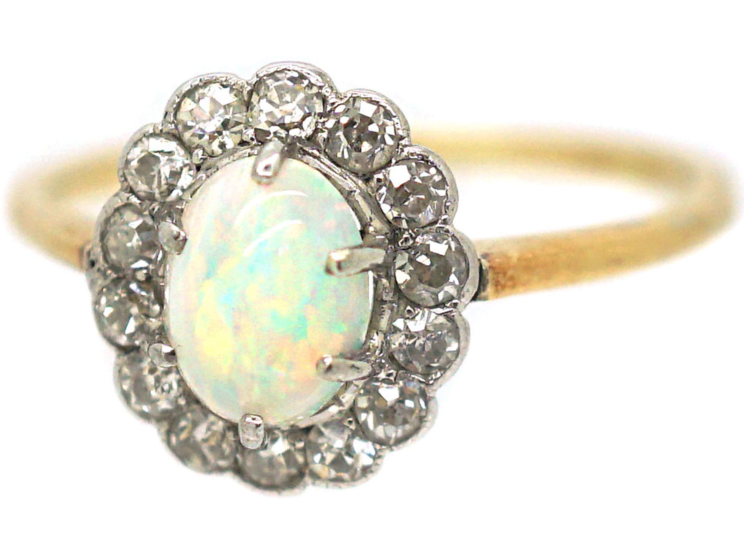 Edwardian 18ct Gold & Platinum, Opal & Diamond Cluster Ring (539P ...