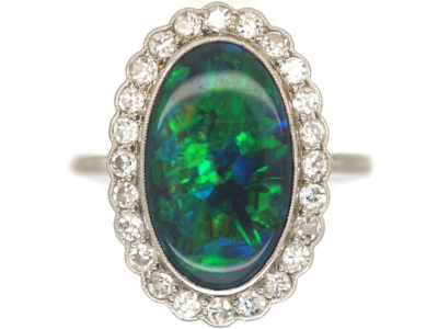 Edwardian 18ct White Gold & Platinum, Black Opal & Diamond Oval Cluster Ring