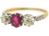 Art Deco 18ct Gold & Platinum, Three Stone Ruby & Diamond Ring