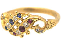 Edwardian 18ct Gold Double Crossover Ring set with Sapphires, Rubies & Diamonds