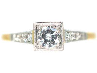 Art Deco 18ct Gold & Platinum, Diamond Solitaire Ring with Diamond Set Shoulders