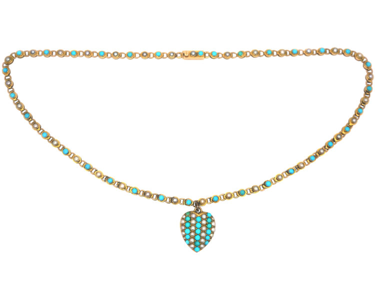 Edwardian 15ct Gold Turquoise & Natural Split Pearl Heart on a 15ct Gold & Turquoise Chain