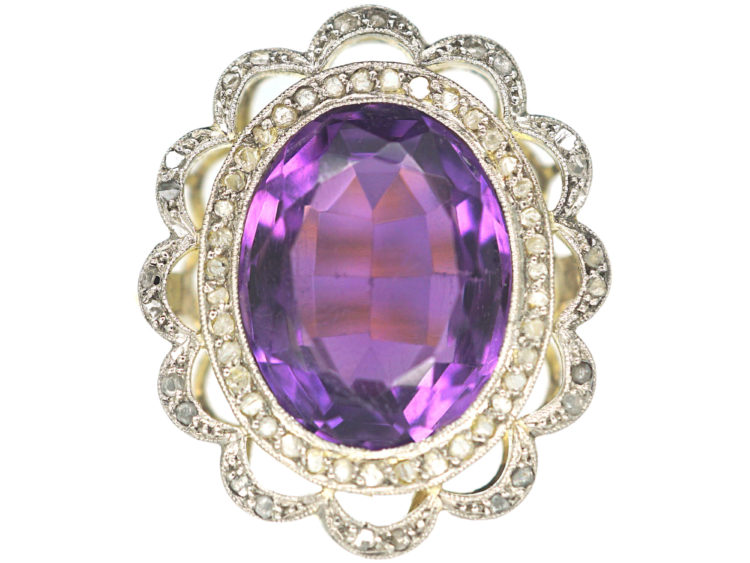 Edwardian 18ct Gold & Platinum, Amethyst & Rose Diamond Cluster Ring