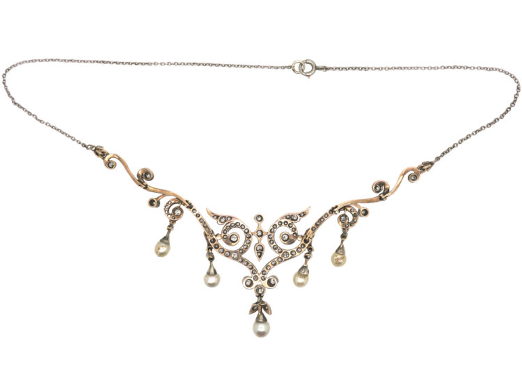 Edwardian 15ct Gold & Platinum, Natural Pearl & Diamond Necklace in Original Case