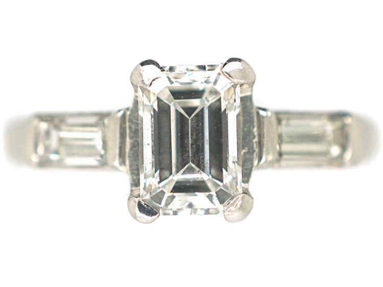 Art Deco Platinum, Emerald Cut & Baguette Cut Diamond Ring