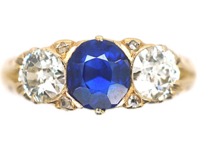 Victorian 18ct Gold Sapphire & Diamond Three Stone Ring