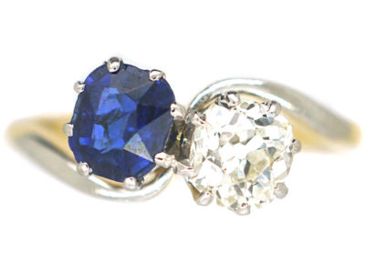 Edwardian 18ct Gold & Platinum Sapphire & Diamond Crossover Ring