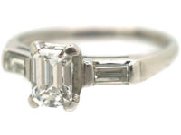 Art Deco Platinum, Emerald Cut & Baguette Cut Diamond Ring