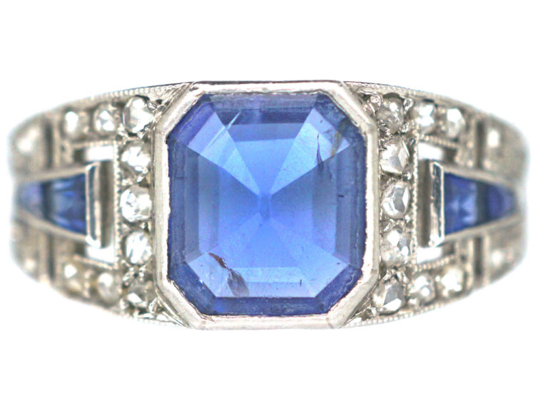 French Art Deco Platinum, Sapphire & Rose Diamond Ring