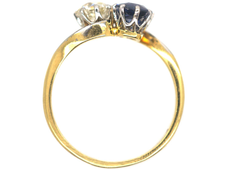 Edwardian 18ct Gold & Platinum Sapphire & Diamond Crossover Ring