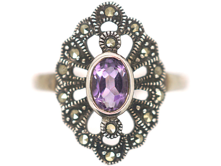 Silver, Pink Tourmaline & Marcasite Ring