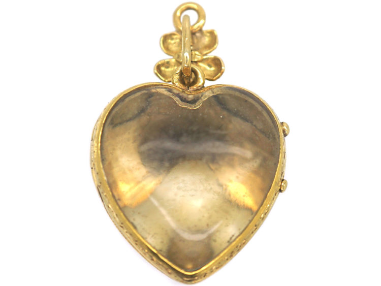 French 18ct Gold Heart Shaped pendant with Glazed Locket on Reverse set with A Natural Split Pearl Turquoise & Rose Diamonds