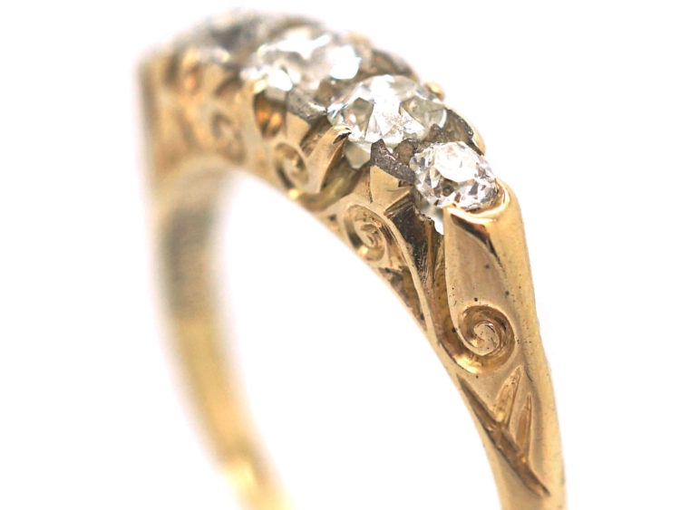 Edwardian 18ct Gold Five Stone Diamond Carved Half Hoop Ring