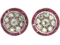 Art Deco 18ct White Gold & Platinum, Ruby & Diamond Target Earrings