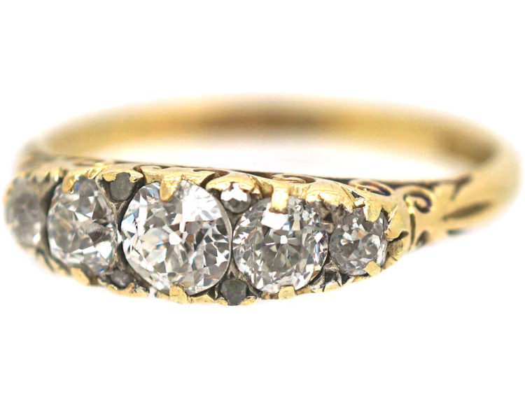 Victorian 18ct Gold, Diamond Five Stone Carved Half Hoop Ring