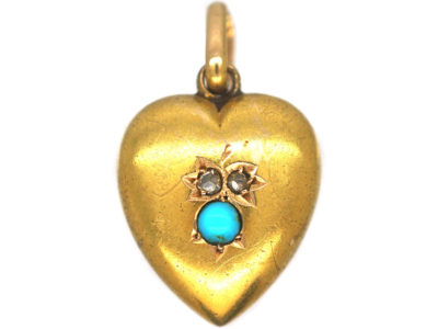 Edwardian 15ct Gold Heart Shaped Pendant set with Rose Diamonds & Turquoise