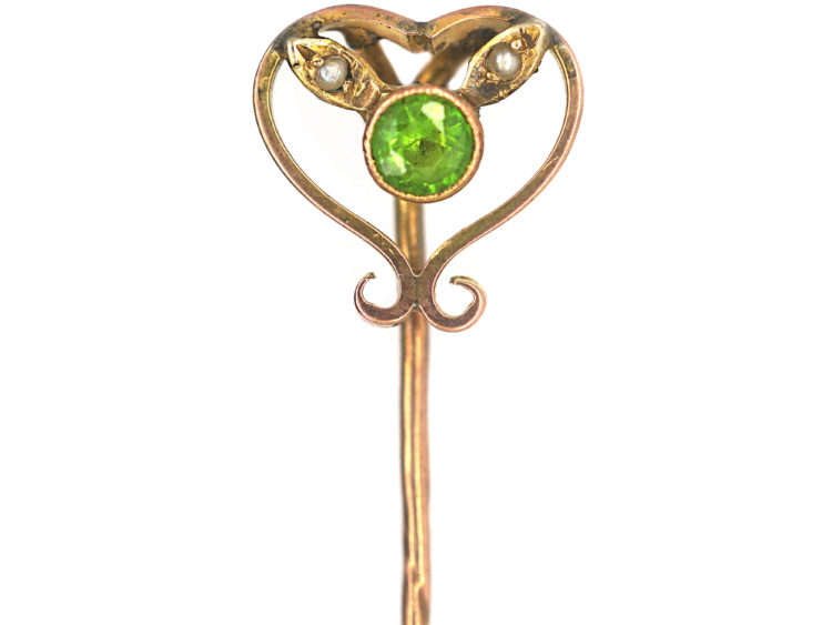 Edwardian 15ct Gold Green Garnet & Natural Split Pearl Heart Shaped Tie Pin