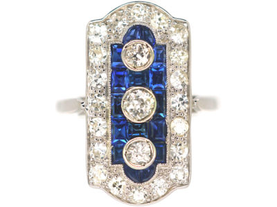 Art Deco Platinum, Sapphire & Diamond Rectangular Shaped Ring