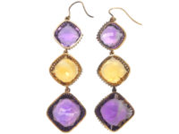 Large Victorian 15ct Gold Amethyst & Citrine Long Drop Earrings