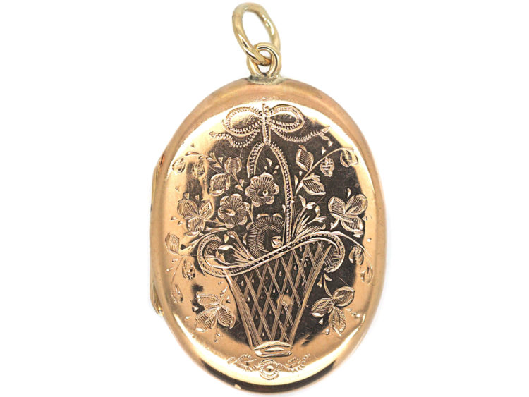 Edwardian 9ct Gold Oval Locket with Flower Basket Motif