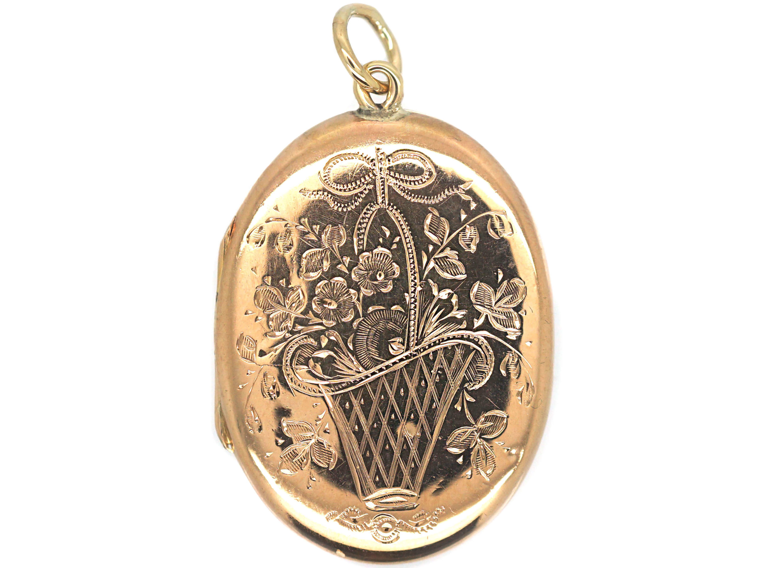 Edwardian 9ct Gold Oval Locket with Flower Basket Motif (442P) | The ...