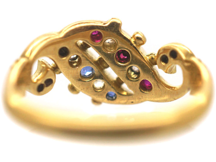 Edwardian 18ct Gold Double Crossover Ring set with Sapphires, Rubies & Diamonds
