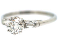 Art Deco Platinum & Diamond Solitaire Ring with Baguette Diamond Shoulders