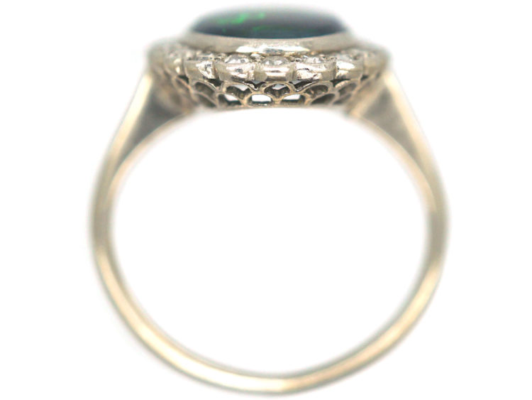 Edwardian 18ct White Gold & Platinum, Black Opal & Diamond Oval Cluster Ring