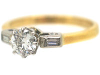 18ct Gold & Platinum, Diamond Solitaire Ring with a Baguette Diamond on Either Side