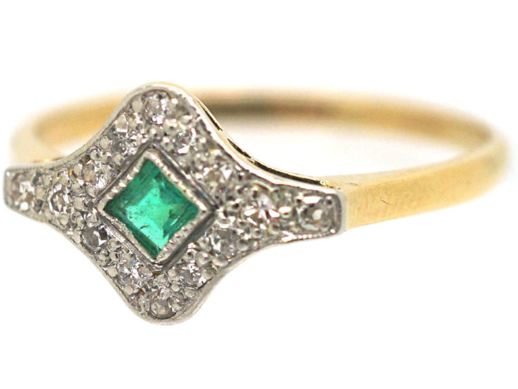 Art Deco 18ct Gold & Platinum, Diamond & Emerald Ring
