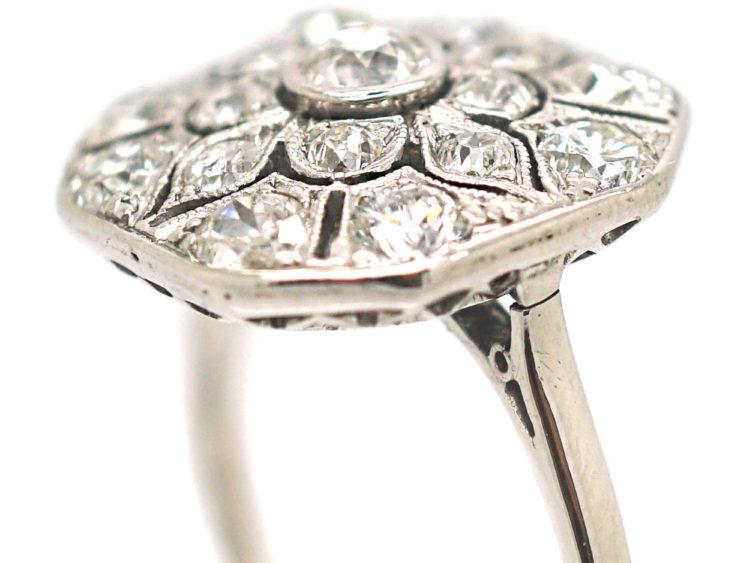 Art Deco Platinum & Diamond Plaque Ring with Flower Motif