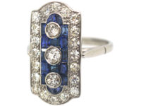 Art Deco Platinum, Sapphire & Diamond Rectangular Shaped Ring