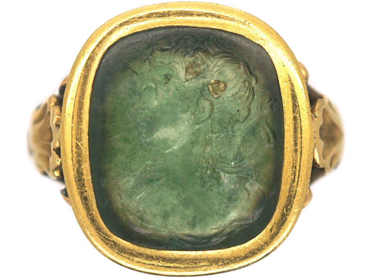 Georgian 15ct Gold Carved Moss Agate Ring with Intaglio of  Dionysus, the Greek God of Wine