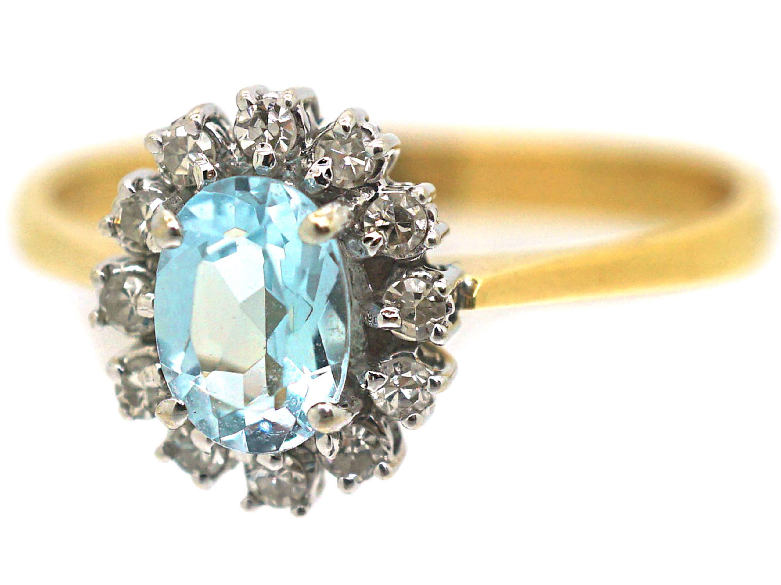 18ct Gold Aquamarine & Diamond Oval Cluster Ring (458P) | The Antique ...