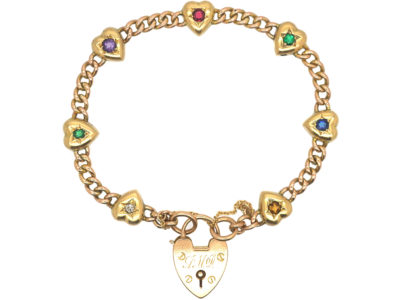 Edwardian 15ct Gold Hearts & Curb Motif Bracelet set with Gemstones that Spell Dearest