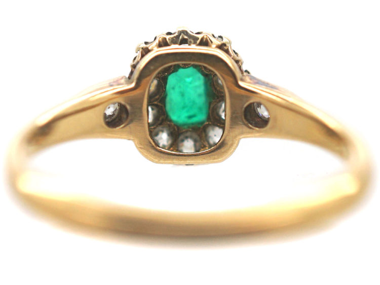 Edwardian 18ct Emerald & Diamond Cluster Ring with Diamond Set Shoulders