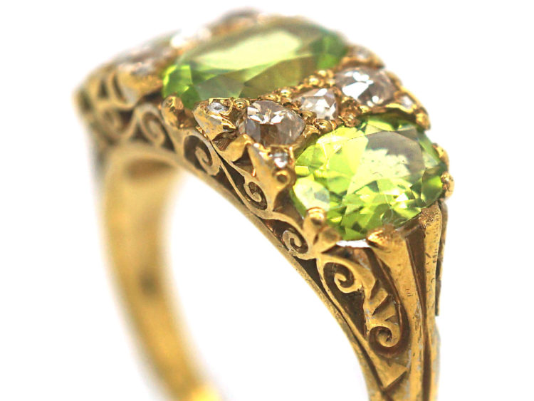 Victorian 18ct Gold, Peridot & Diamond Carved Half Hoop Ring
