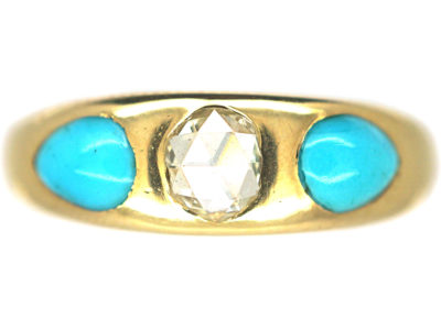 Victorian 18ct Gold, Rose Diamond & Pear Shaped Turquoise Forget Me Not Ring
