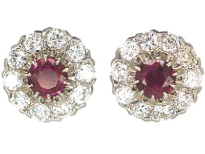 Art Deco 18ct White Gold Ruby & Diamond Cluster Earrings