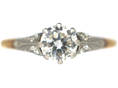 Art Deco 18ct Gold & Platinum, Diamond Solitaire Ring with Diamond Set Shoulders