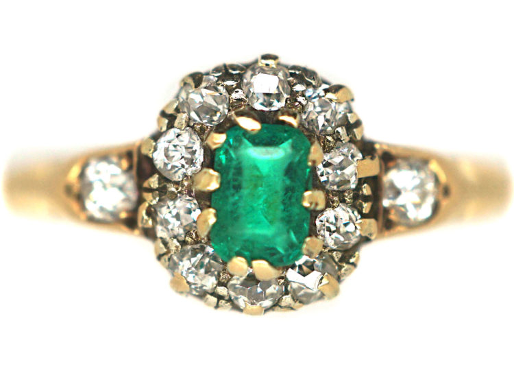 Edwardian 18ct Emerald & Diamond Cluster Ring with Diamond Set Shoulders
