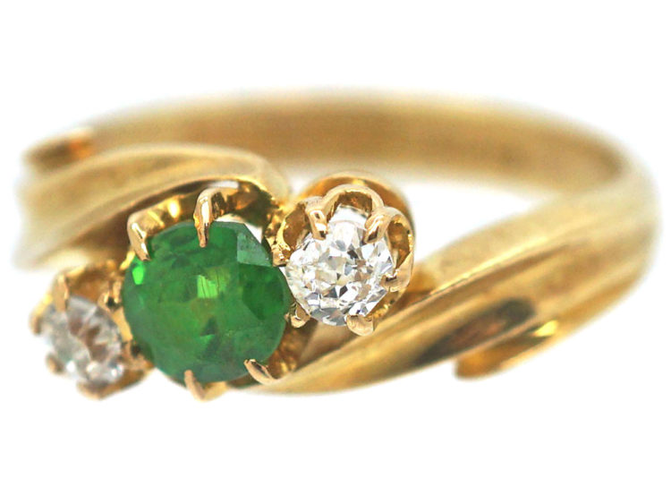 Edwardian 18ct Gold, Green Garnet & Diamond Crossover Ring