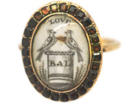 Georgian 9ct Gold Miniature Ring with Two Love Birds Surrounded by Flat Cut Garnets