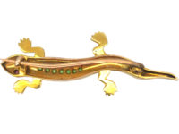Edwardian 15ct Gold Salamander Brooch set with Natural Split Pearls, Green Garnets & Cabochon Rubies in Original Case