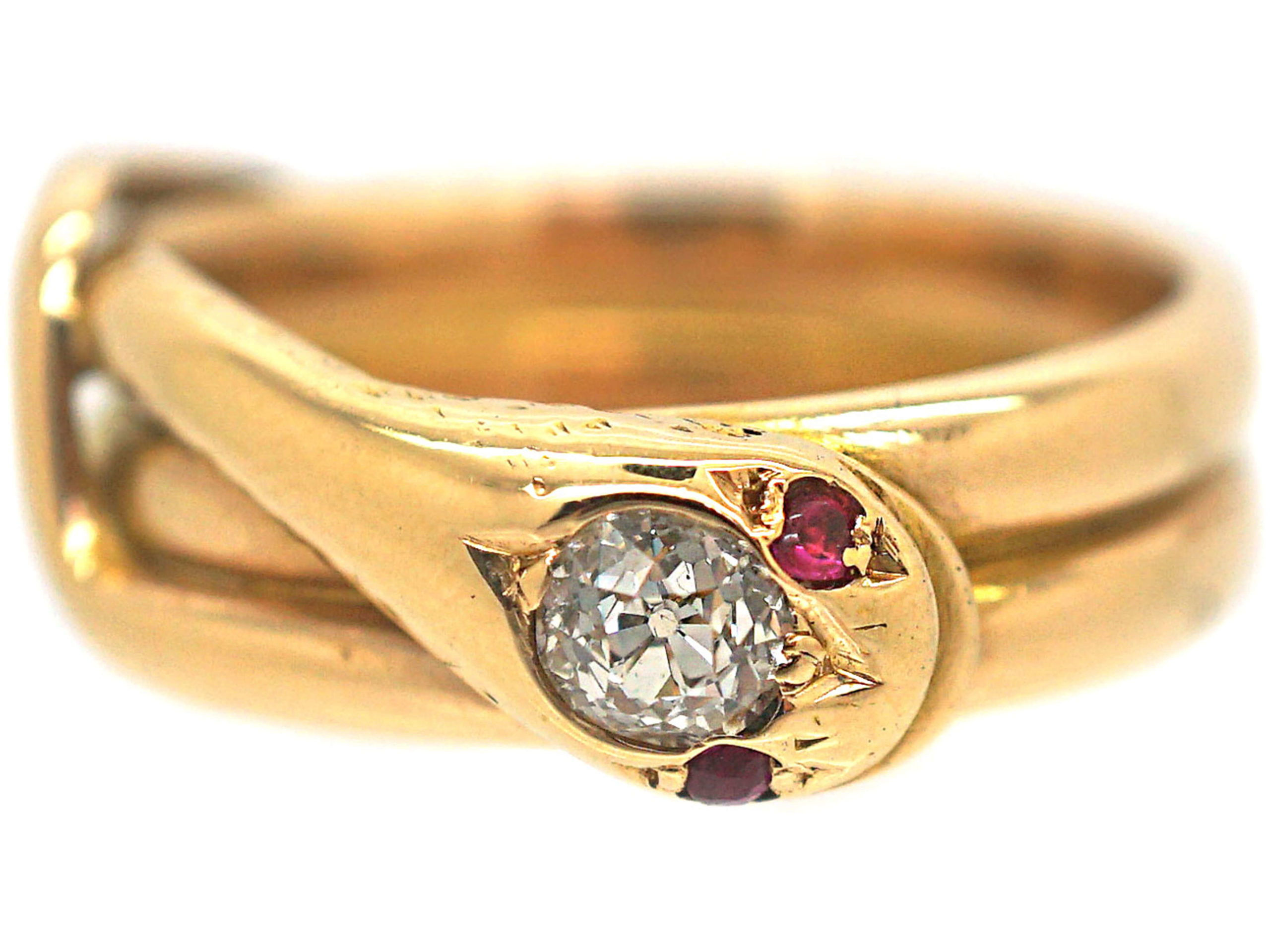 Victorian 18ct Gold Snake Ring with a Diamond Head & Ruby Eyes (665P ...