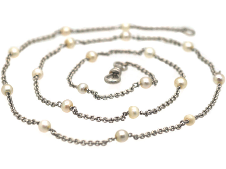 Art Deco 18ct White Gold & Natural Pearls Chain with Dog Clip