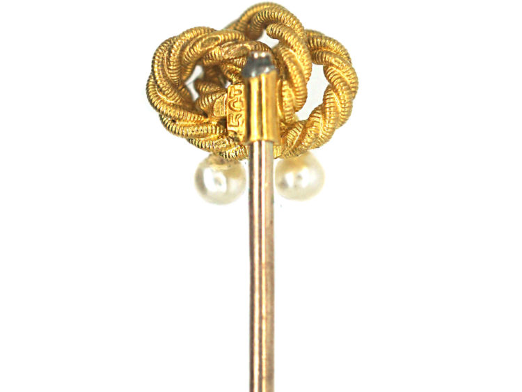 Edwardian 15ct Gold Lover's Knot Tie Pin with Two Pearls