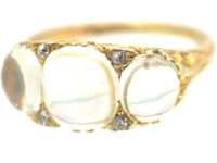Victorian 18ct Gold Three Stone Moonstone & Diamond Carved Half Hoop Ring