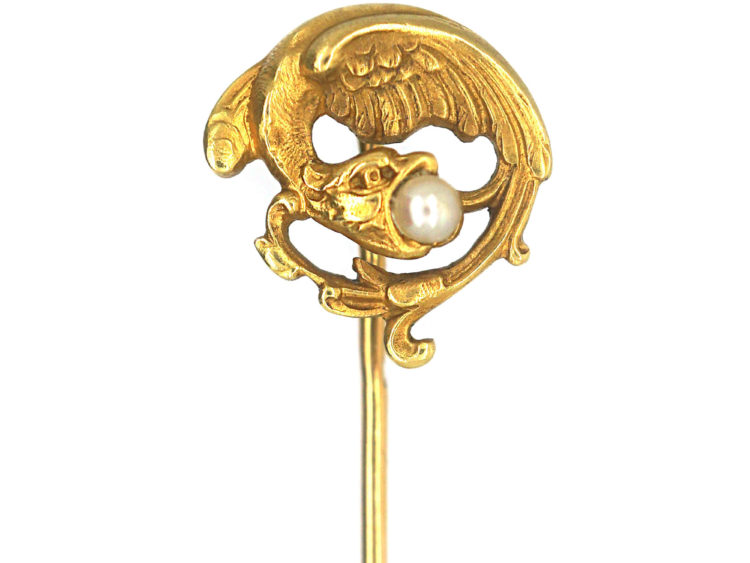 Art Nouveau 18ct Gold & Natural Pearl Winged Creature Tie Pin